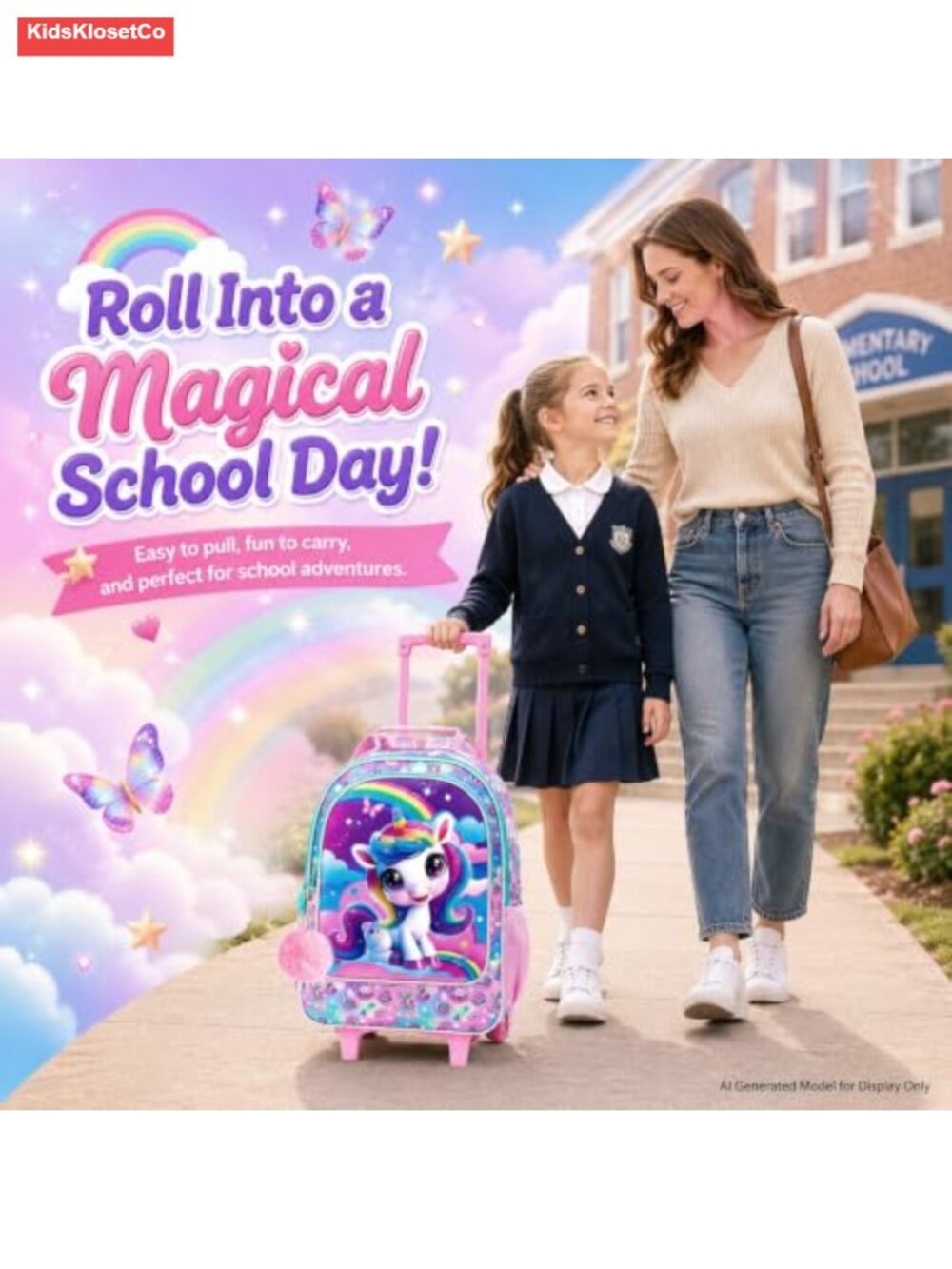 3PCS Rolling Backpack for Girls, Kids Wheeled Bookbag with Lunch Bag & Pencil - Picture 5 of 6